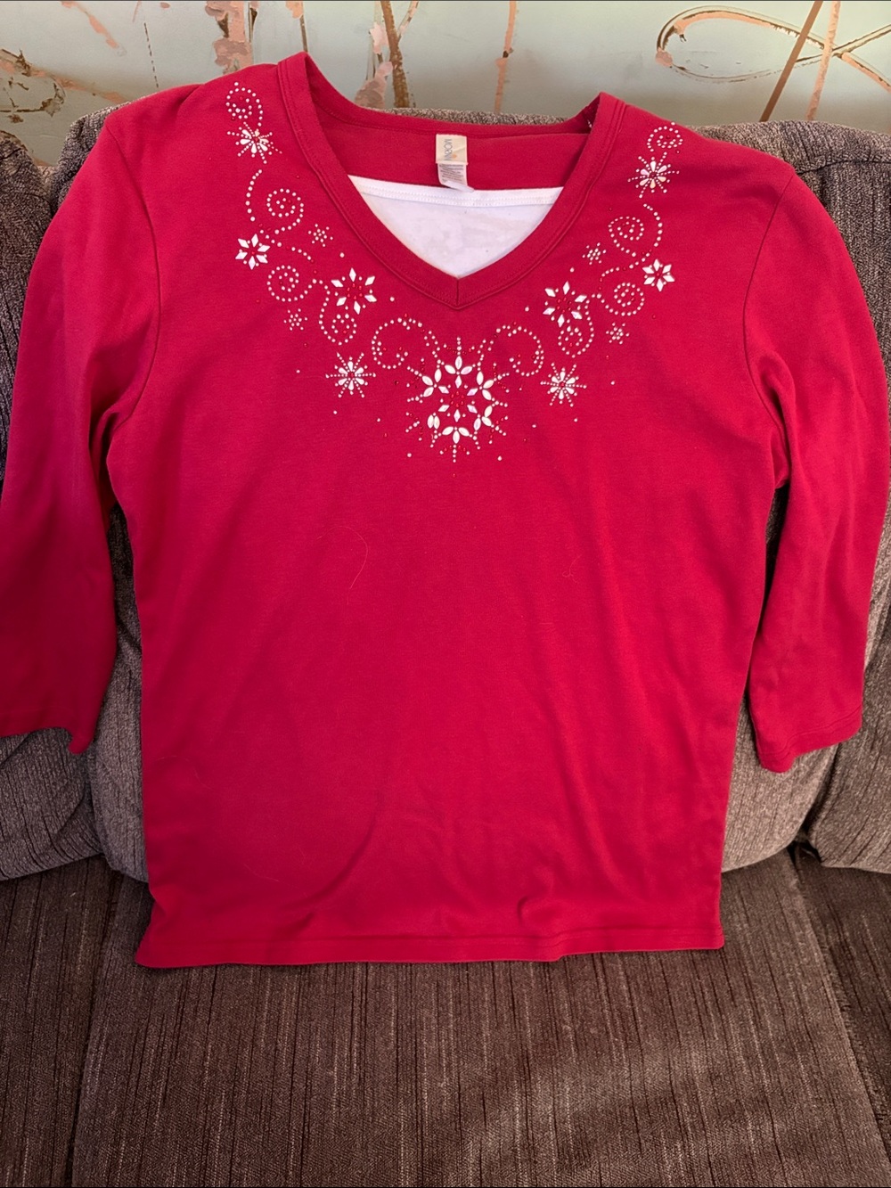 Women’s Red Embellished V-Neck Cotton Holiday Top